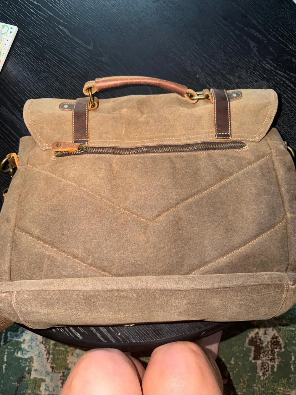 Brand brown green Canvas rugged briefcase with Leather Trim
